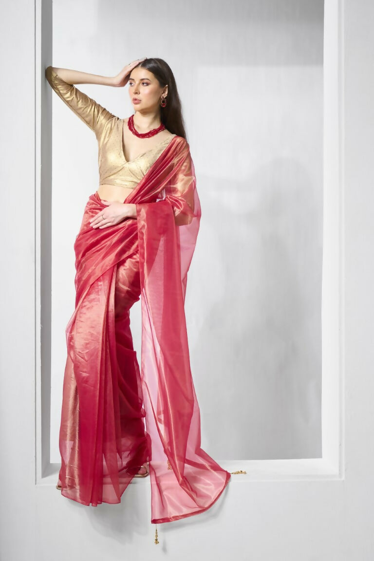 Red Gold Tissue Net Solid & Gold Cotted Saree - Samaa | Grocsy