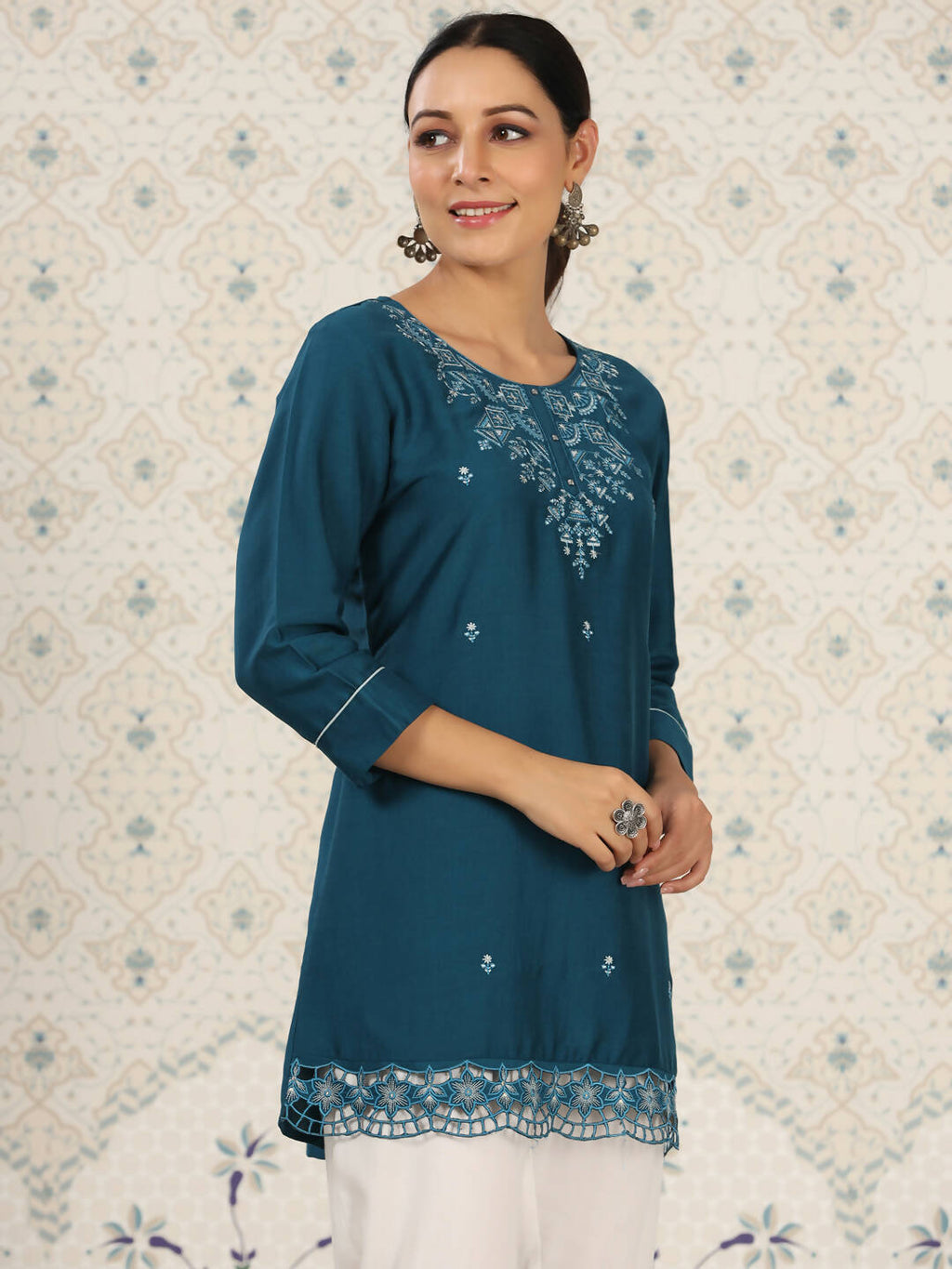 Teal Chinon Embroidered Straight Top - Zeny | Grocsy