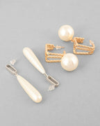 VOJ Set Of 2 Korean Drop Earrings - Gold-Polished and Silver Plated With White Pearl