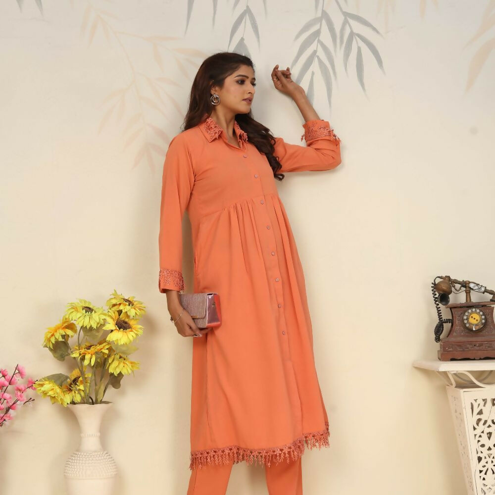Jyoti Fashion Women's Orange Rinkal Cotton Plain with Side Pocket Kurtis & Sets | Grocsy