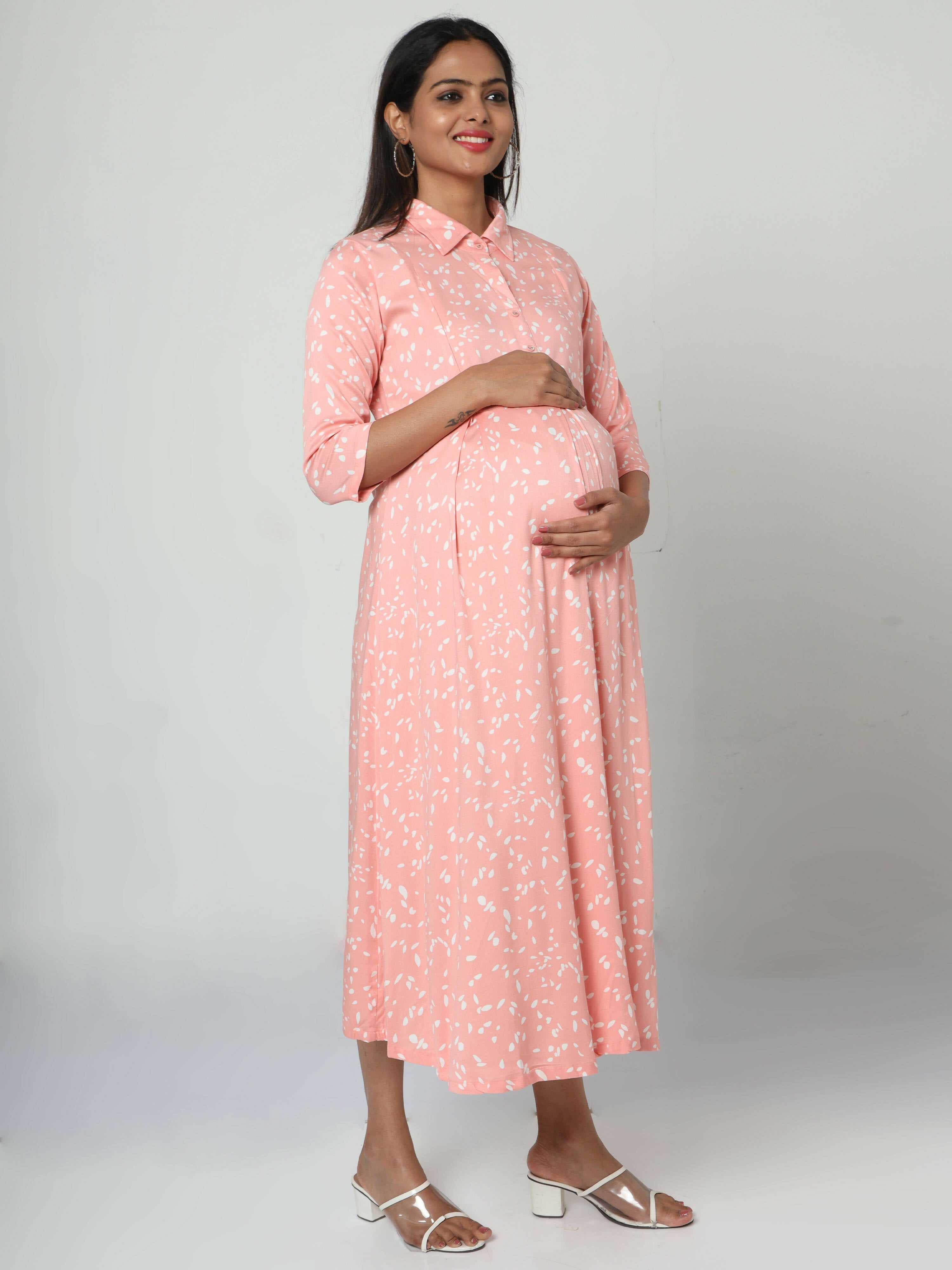 Manet Three Fourth Maternity Dress White Dot Print With Concealed Zipper Nursing Access - Pink | Grocsy