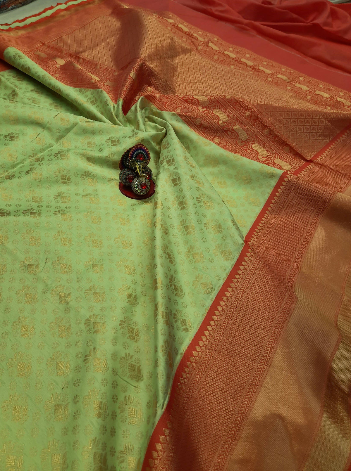 DEIANA'S Beautiful Designer Golden zari Soft Lichi Silk Saree - Pista | Grocsy
