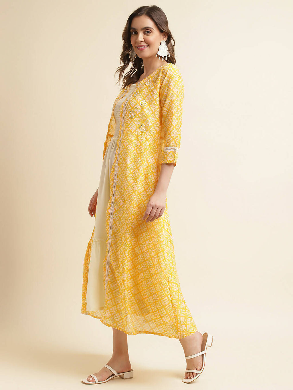 White Cotton Solid Flared Dress with Printed Shrug - Yukti | Grocsy
