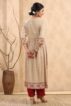 Juniper Women's Beige Rayon Printed Embroidered Straight Kurta | Grocsy