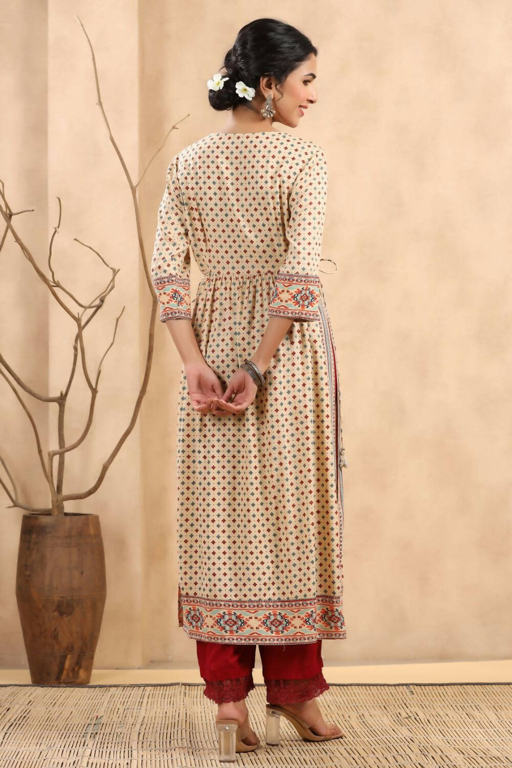 Juniper Women's Beige Rayon Printed Embroidered Straight Kurta | Grocsy