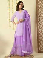 Myshka Women's Purple Georgette Kurti & Skirt With Dupatta Party Sets | Grocsy