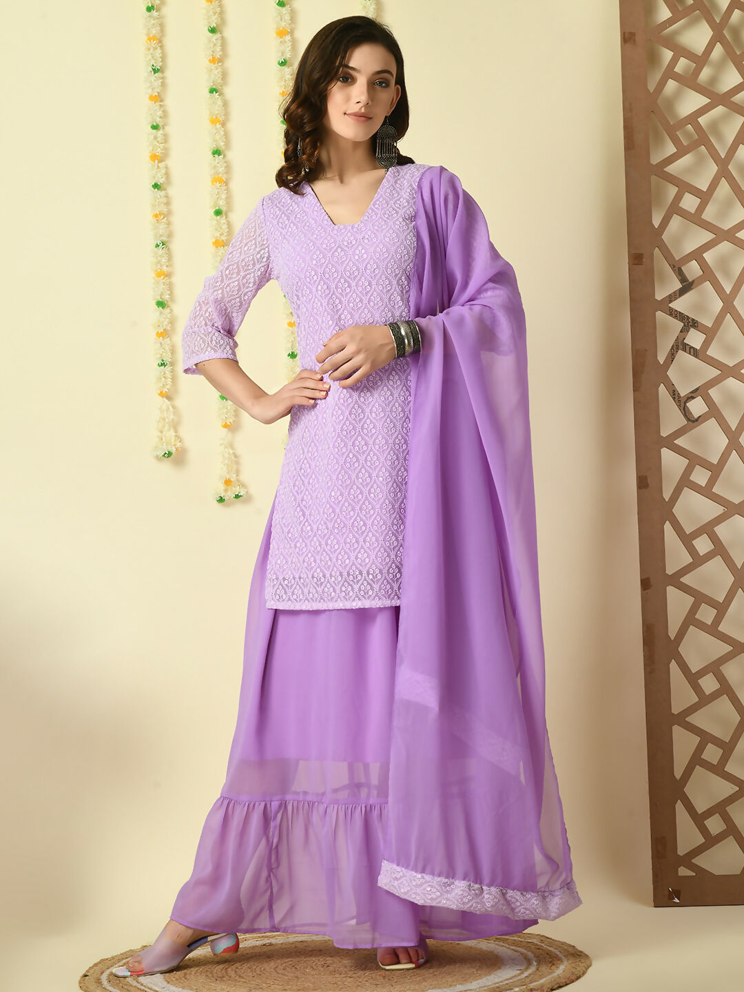Myshka Women's Purple Georgette Kurti & Skirt With Dupatta Party Sets | Grocsy