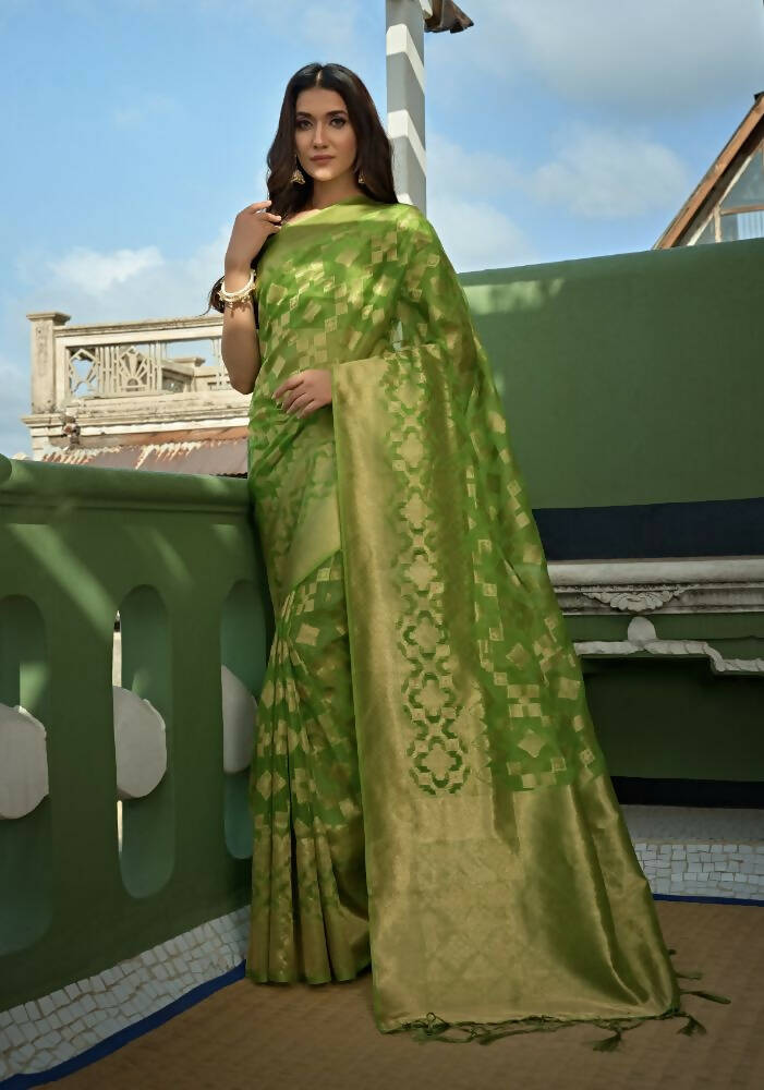 Glamorous Designer Parrot Green Color Organza Silk Saree With Weaving Work - Yomika Fashions | Grocsy