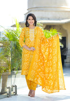 Juniper Women's Mustard Floral Printed Cotton Kurta Set With Thread Work & Sequins | Grocsy