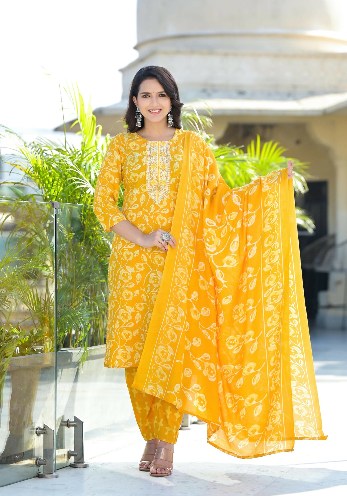 Juniper Women's Mustard Floral Printed Cotton Kurta Set With Thread Work & Sequins | Grocsy