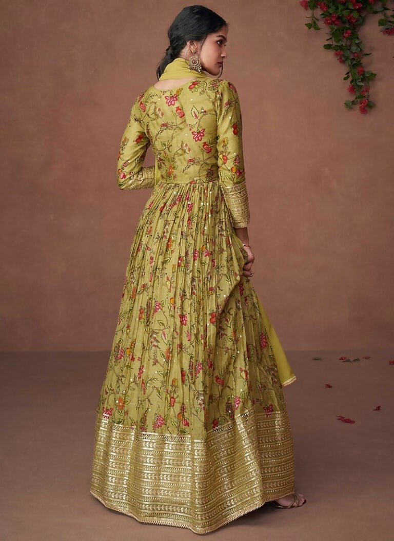Vastranavya Green Floral Printed Anarkali Suit Set with Foil Mirror Work | Grocsy
