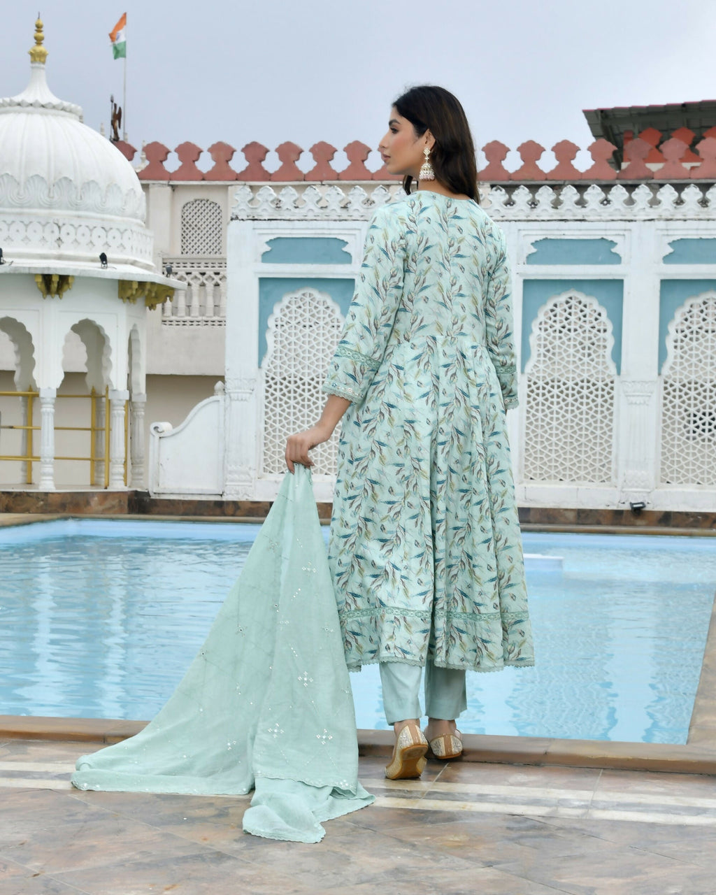 Vaasva Women's Sky Blue Cotton Anarkali Set With Solid Pant And Embroidered Dupatta | Grocsy