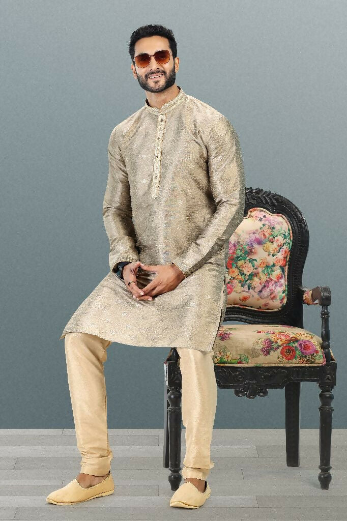 Raivat Ethnic Jacquard Banarasi Silk Pintux Work Kurta Pajama In Tusser Colour | Grocsy