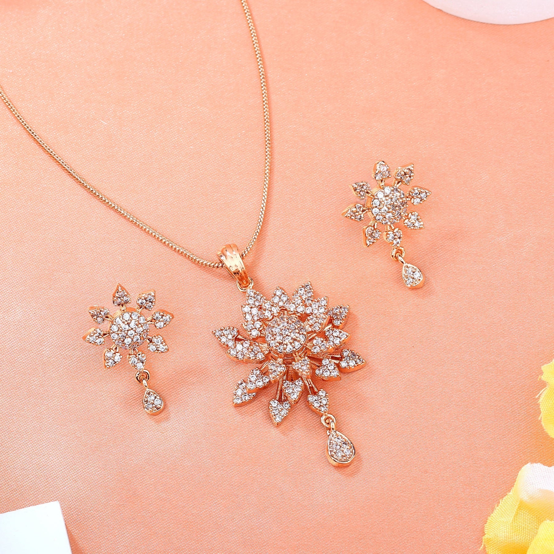 Estele Rose Gold-Polished Stunning Floral Designer Pendant Set with White American Diamonds for Girls & Women | Grocsy