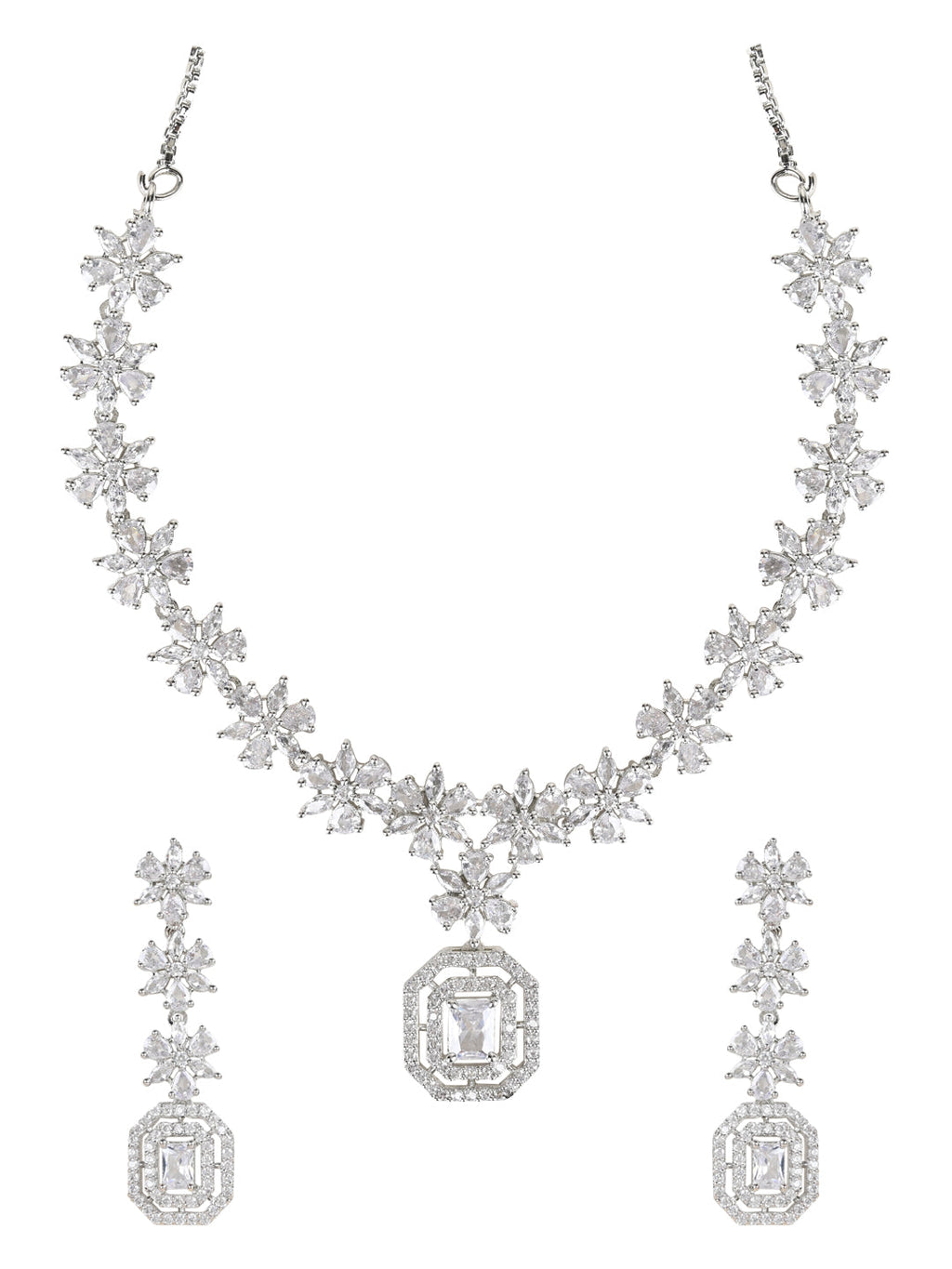 Stylish Silver Plated Cubic Zirconia American Diamond CZ AD Necklace Jewellery Set For Women & Girls - Wahe Jewels - Swadesiicart