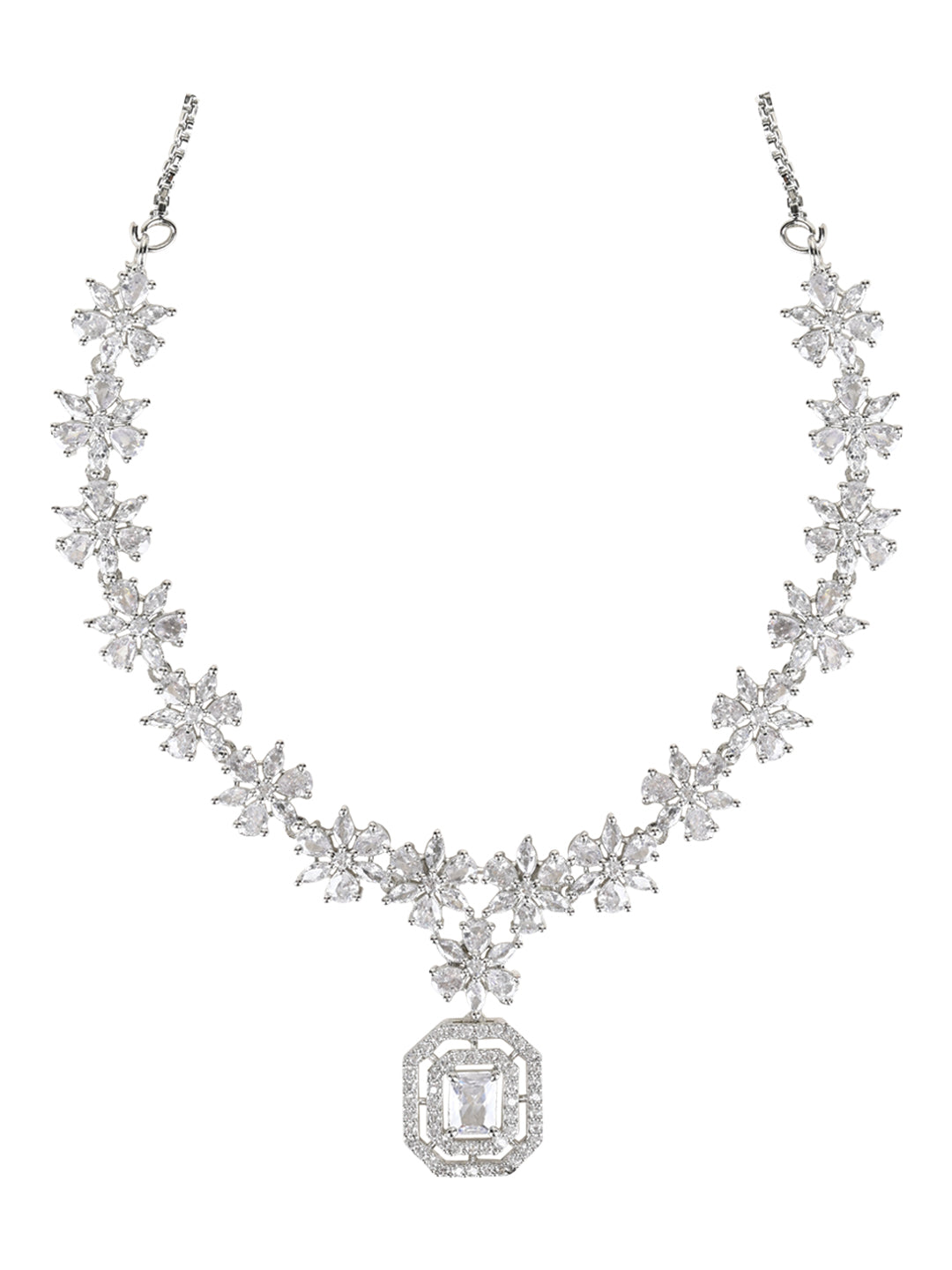 Stylish Silver Plated Cubic Zirconia American Diamond CZ AD Necklace Jewellery Set For Women & Girls - Wahe Jewels - Swadesiicart