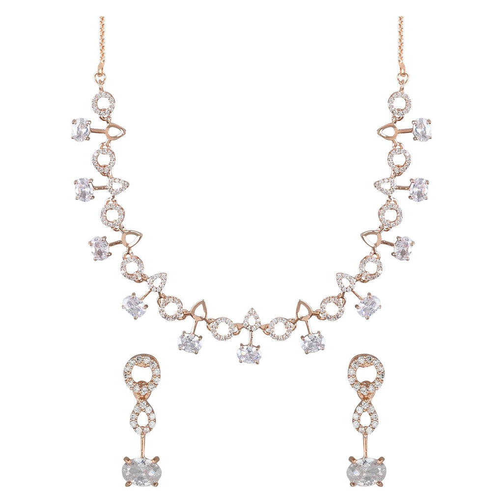 Stylish Rose Gold-Polished Cubic Zirconia American Diamond CZ AD Necklace Jewellery Set For Women & Girls - Wahe Jewels - Swadesiicart