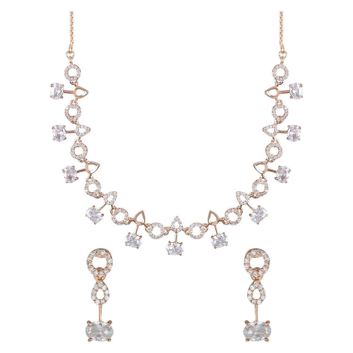 Stylish Rose Gold-Polished Cubic Zirconia American Diamond CZ AD Necklace Jewellery Set For Women & Girls - Wahe Jewels - Swadesiicart