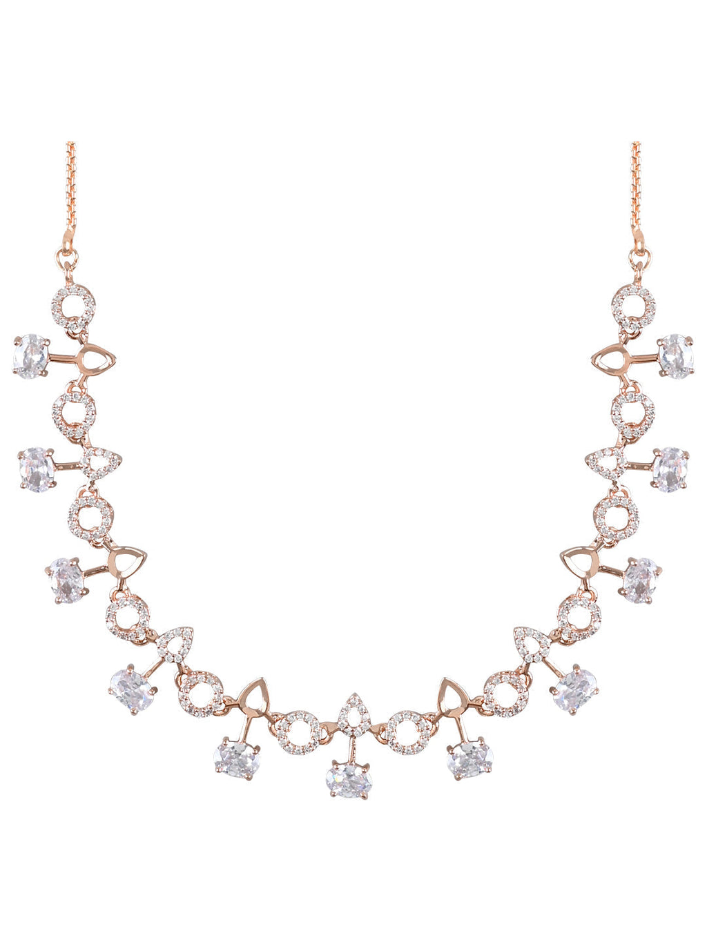 Stylish Rose Gold-Polished Cubic Zirconia American Diamond CZ AD Necklace Jewellery Set For Women & Girls - Wahe Jewels - Swadesiicart