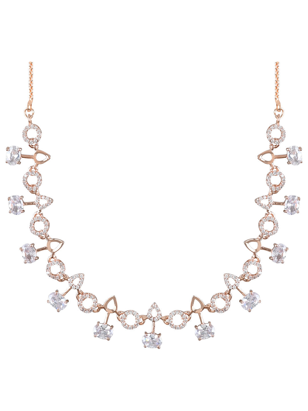 Stylish Rose Gold-Polished Cubic Zirconia American Diamond CZ AD Necklace Jewellery Set For Women & Girls - Wahe Jewels - Swadesiicart