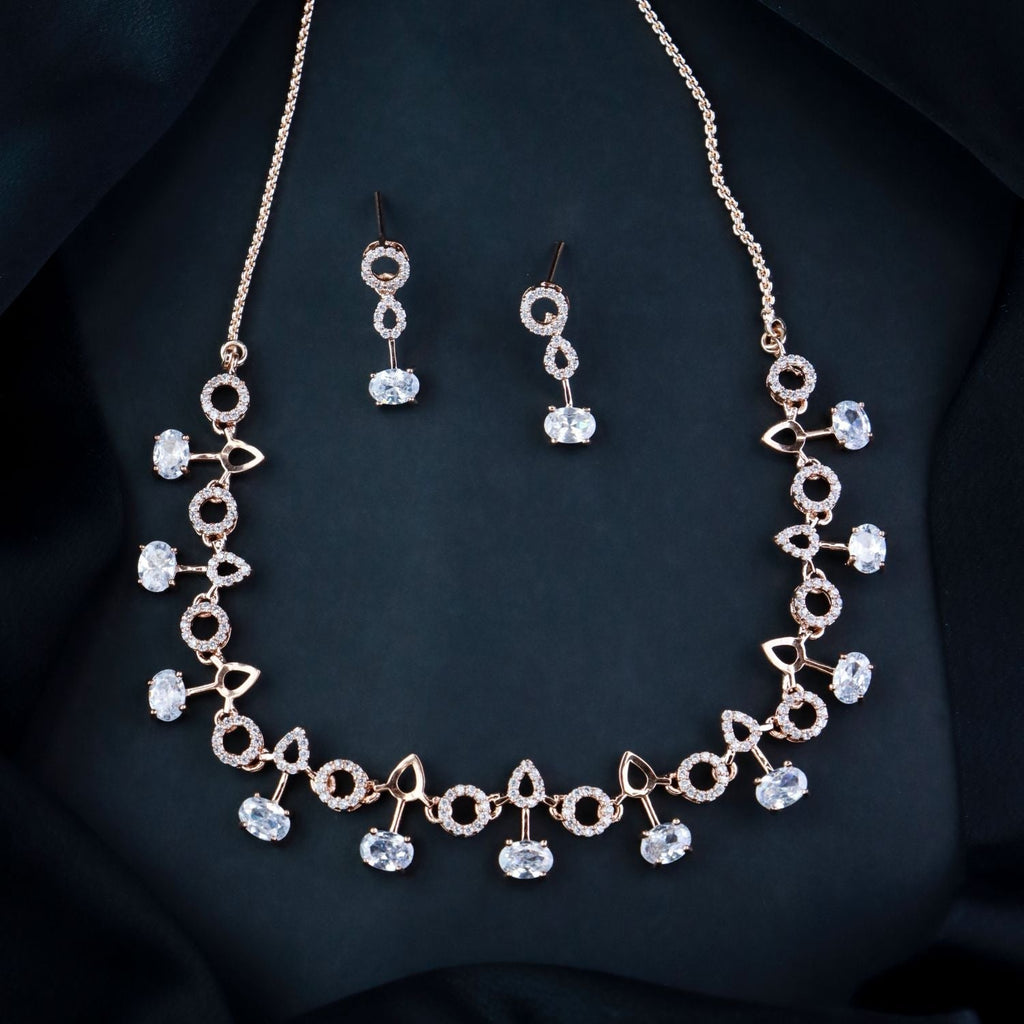 Stylish Rose Gold-Polished Cubic Zirconia American Diamond CZ AD Necklace Jewellery Set For Women & Girls - Wahe Jewels - Swadesiicart