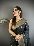 Joban Fashion Black Zari Weaving Motif Lichi Silk Banarasi Silk Saree | Grocsy