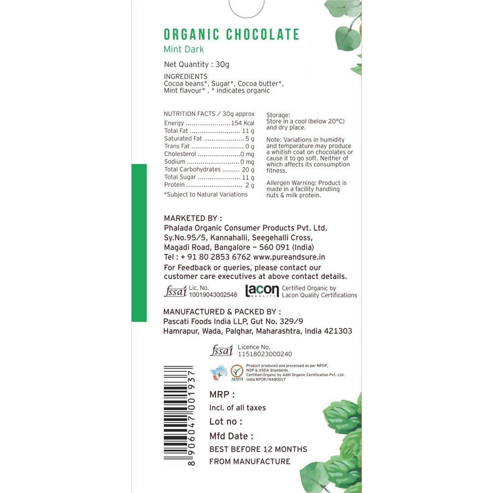Pure & Sure Organic Chocolate Mint Dark | Grocsy