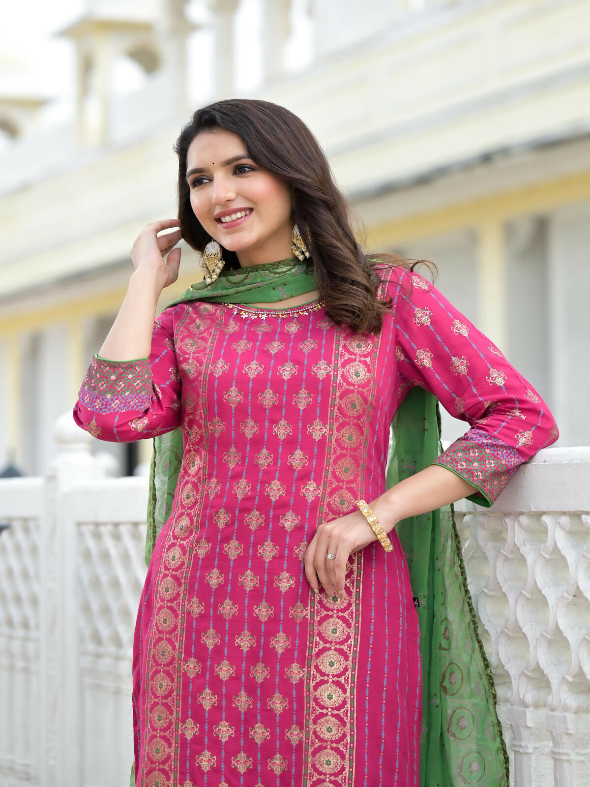 Juniper Women's Fuchsia Ethnic Motif Printed Muslin Kurta Pant With Dupatta Set With Beads & Sequins | Grocsy