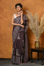 Very Much Indian Handblock Printed Cotton Saree With Natural Dyes - Brown | Grocsy