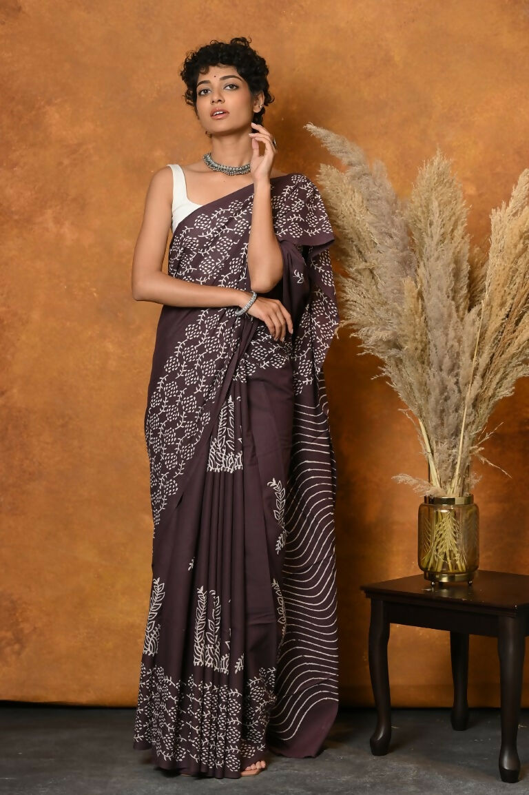 Very Much Indian Handblock Printed Cotton Saree With Natural Dyes - Brown | Grocsy