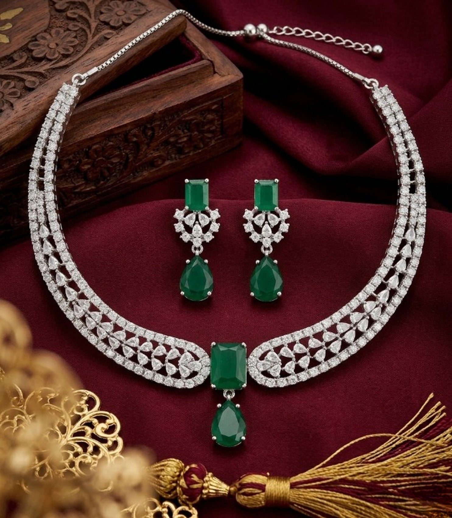 Jewel City Stunning CZ Diamond American Diamond Necklace Set with Drop Earrings - Bridal, Wedding, Party Wear | Grocsy