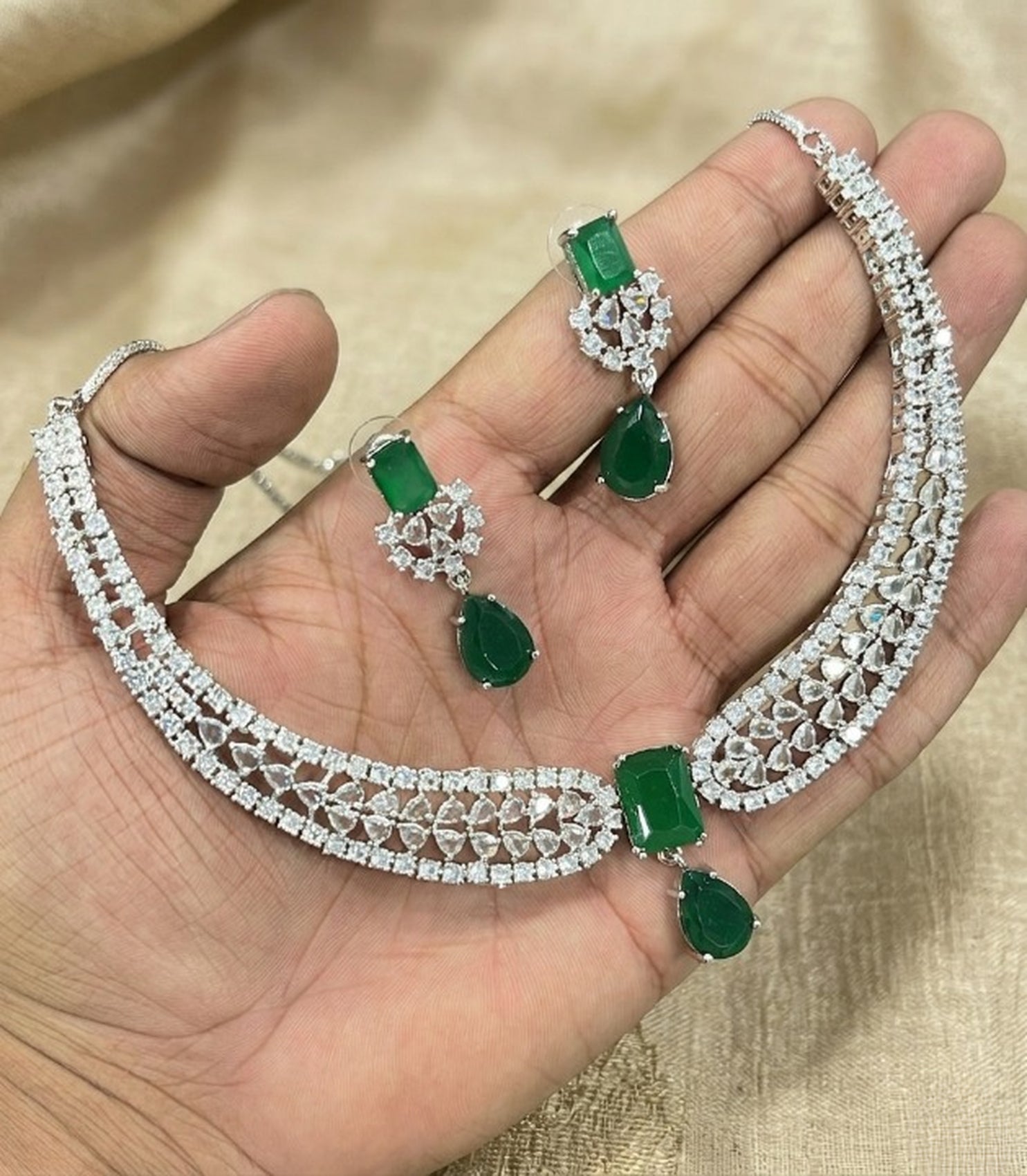 Jewel City Stunning CZ Diamond American Diamond Necklace Set with Drop Earrings - Bridal, Wedding, Party Wear | Grocsy