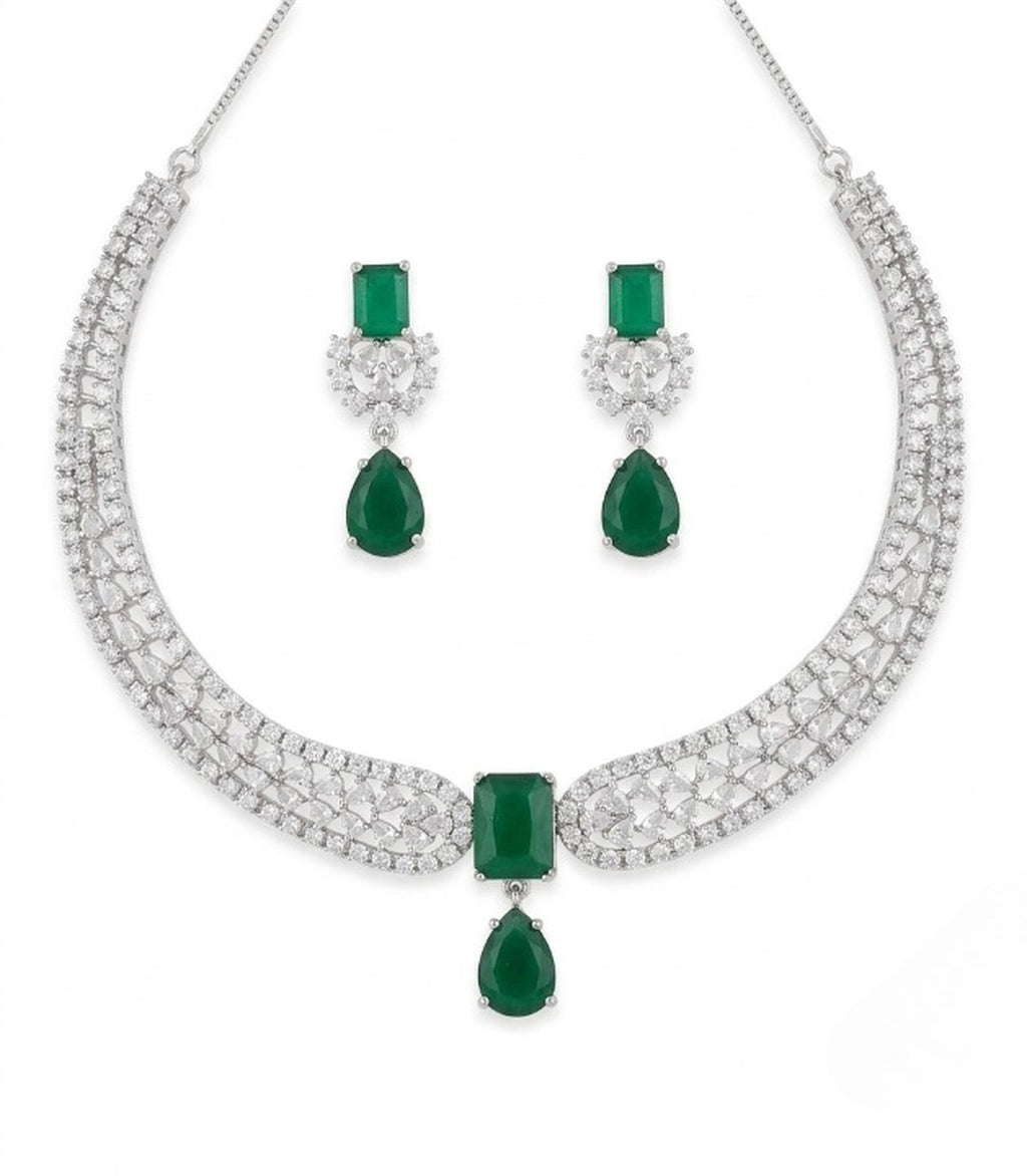 Jewel City Stunning CZ Diamond American Diamond Necklace Set with Drop Earrings - Bridal, Wedding, Party Wear | Grocsy