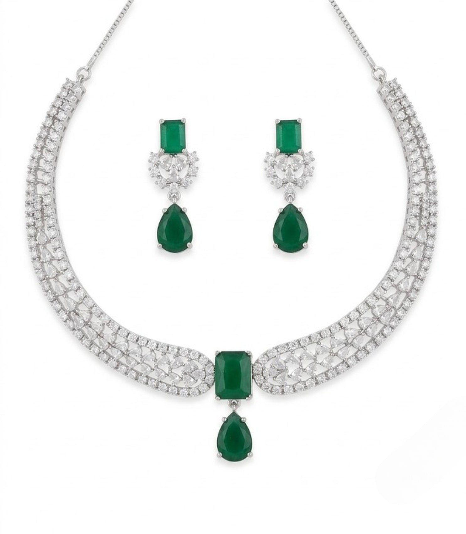 Jewel City Stunning CZ Diamond American Diamond Necklace Set with Drop Earrings - Bridal, Wedding, Party Wear | Grocsy