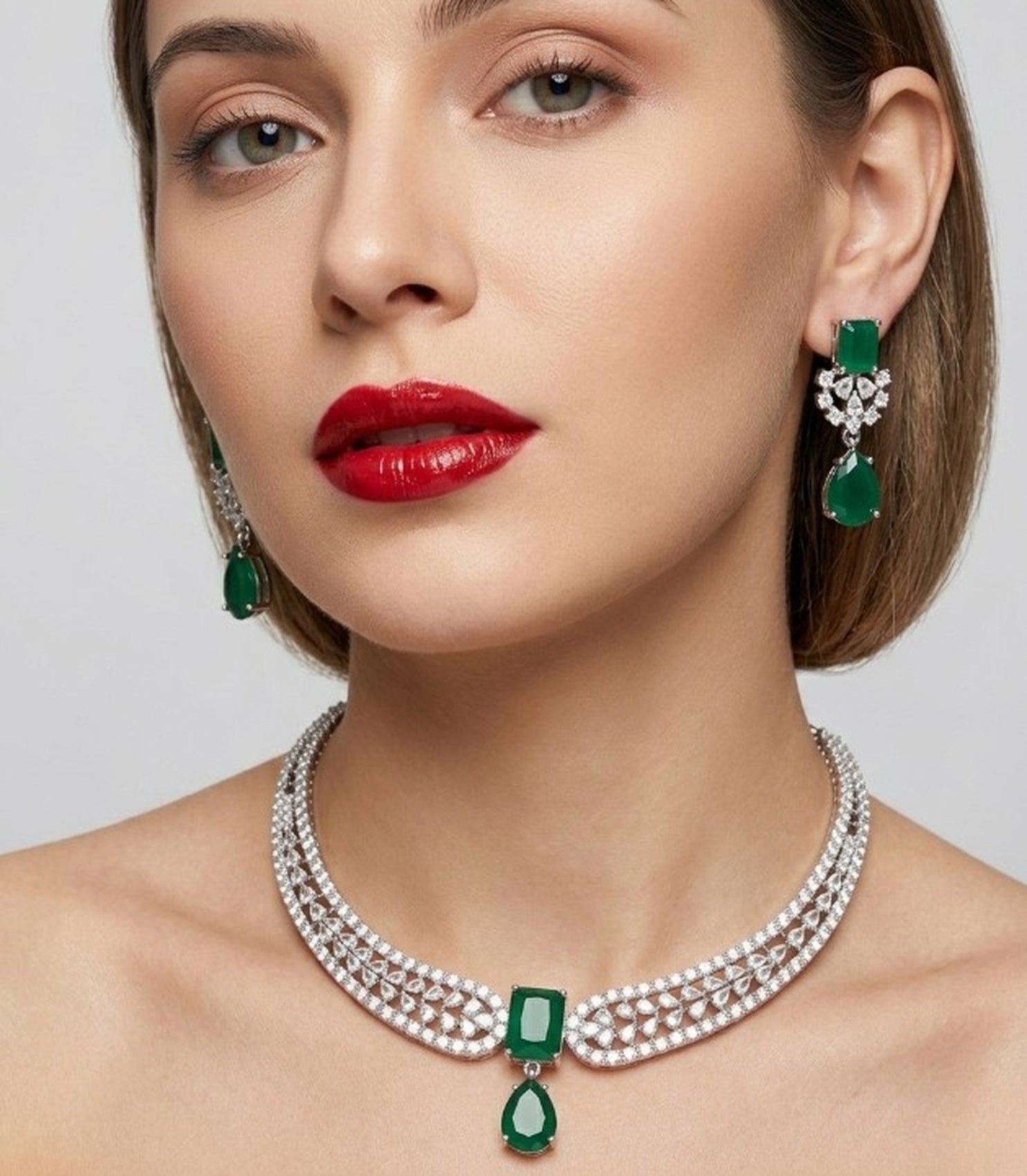 Jewel City Stunning CZ Diamond American Diamond Necklace Set with Drop Earrings - Bridal, Wedding, Party Wear | Grocsy