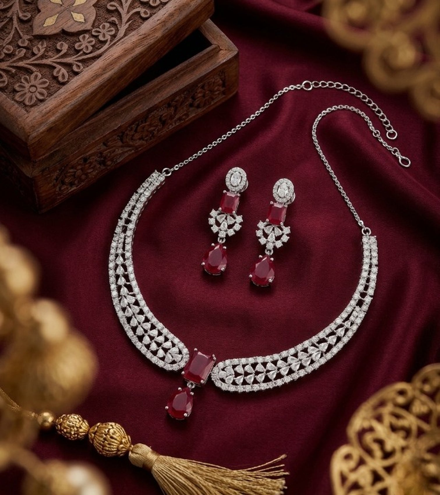 Jewel City Stunning CZ Diamond American Diamond Necklace Set with Drop Earrings - Bridal, Wedding, Party Wear | Grocsy