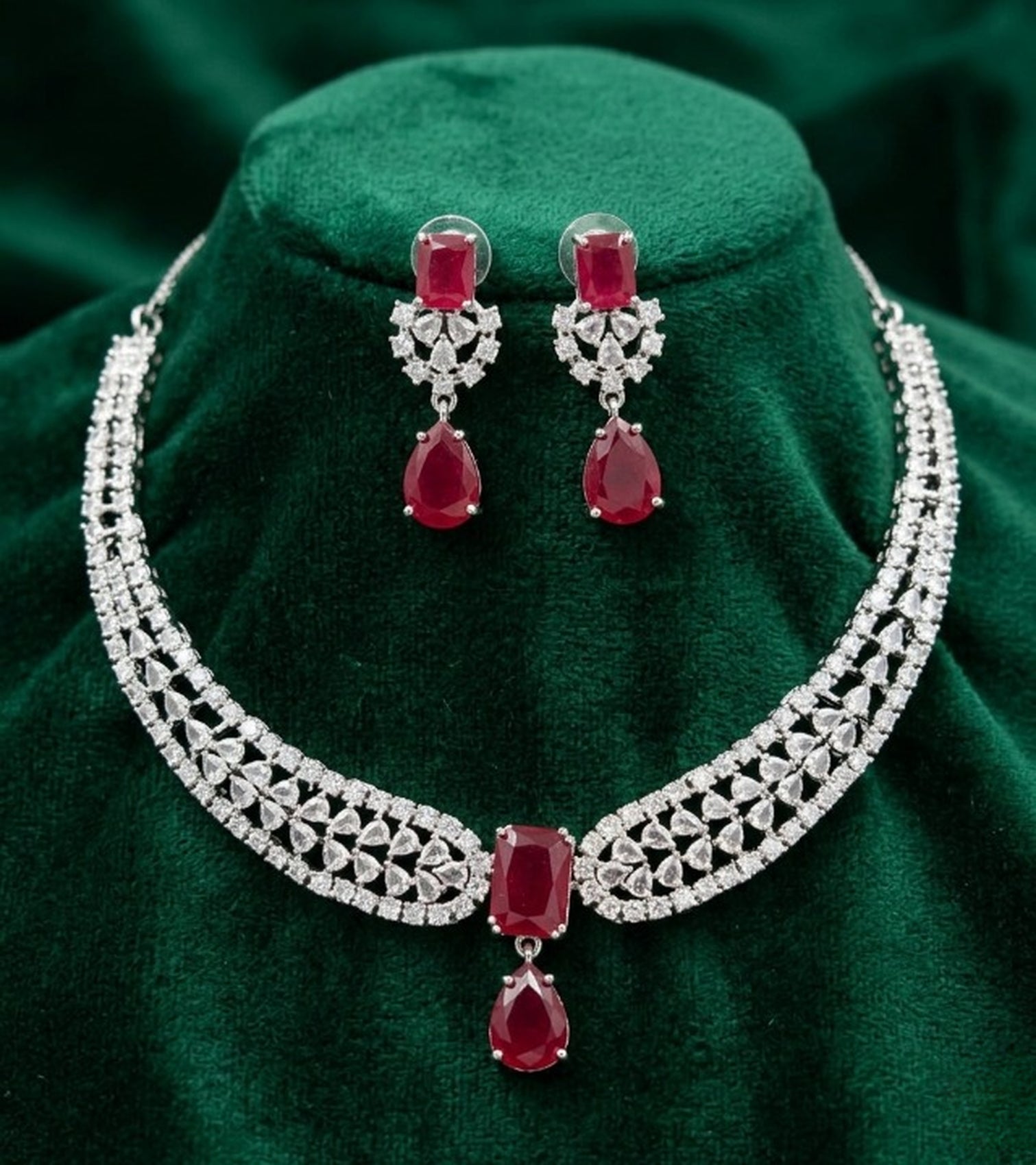 Jewel City Stunning CZ Diamond American Diamond Necklace Set with Drop Earrings - Bridal, Wedding, Party Wear | Grocsy