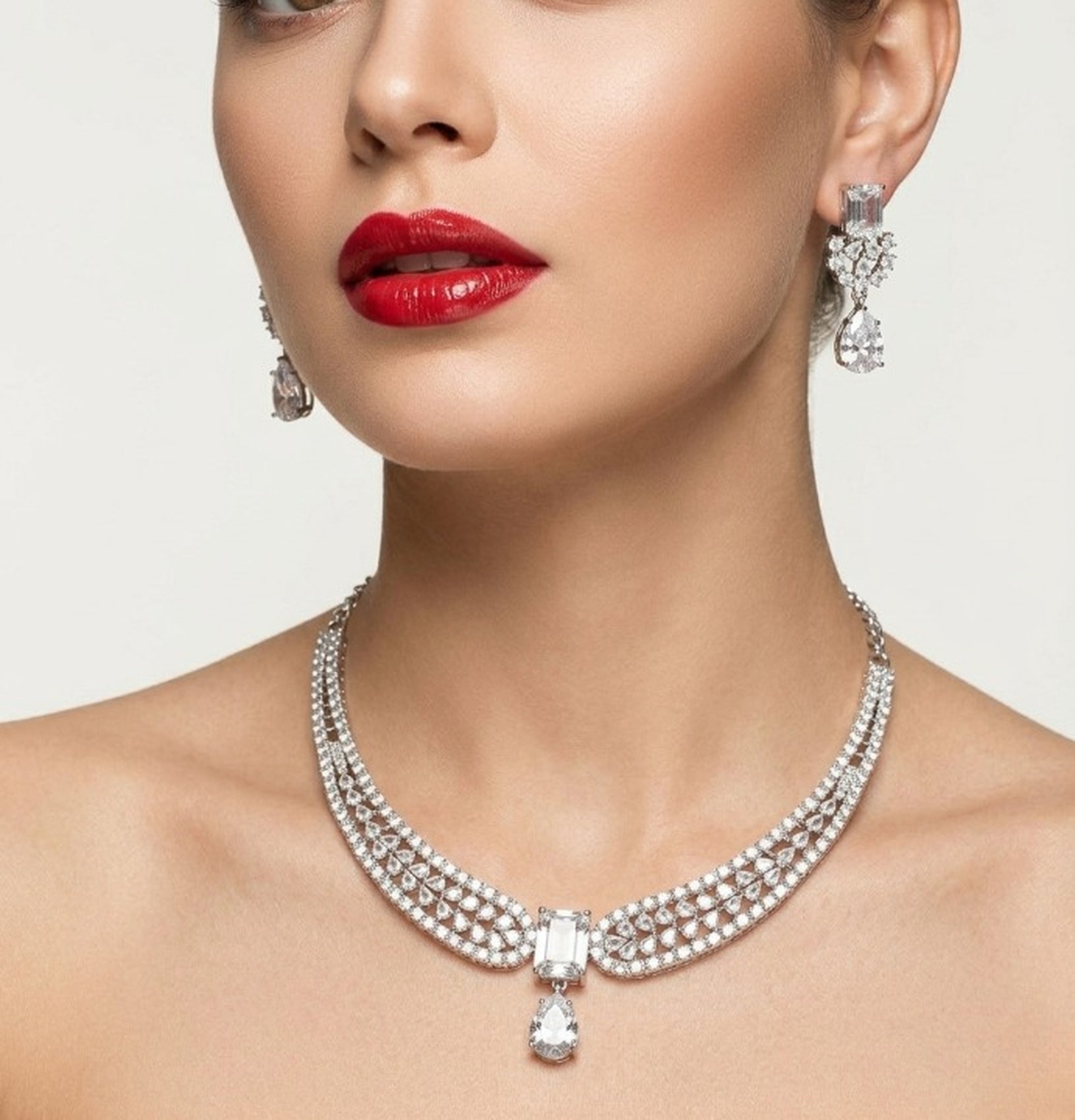 Jewel City Stunning CZ Diamond American Diamond Necklace Set with Drop Earrings - Bridal, Wedding, Party Wear | Grocsy