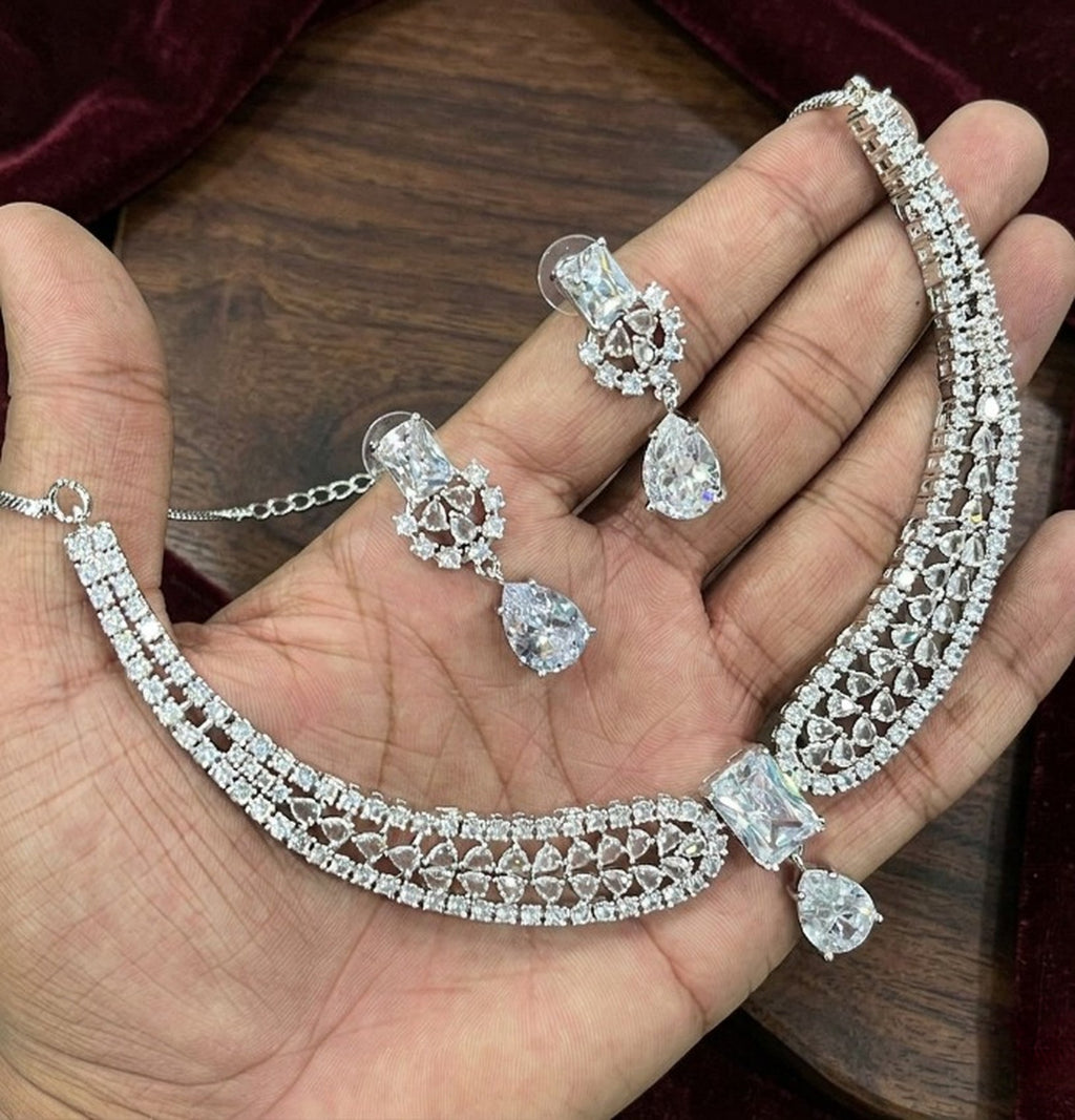 Jewel City Stunning CZ Diamond American Diamond Necklace Set with Drop Earrings - Bridal, Wedding, Party Wear | Grocsy