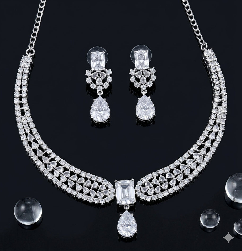 Jewel City Stunning CZ Diamond American Diamond Necklace Set with Drop Earrings - Bridal, Wedding, Party Wear | Grocsy