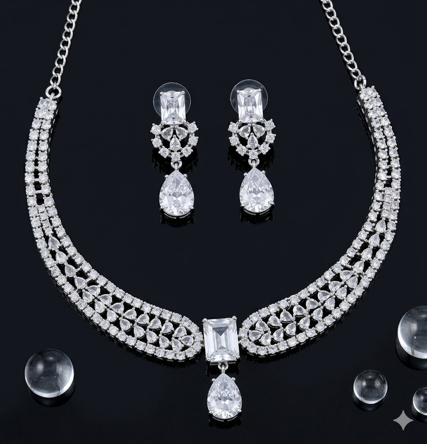 Jewel City Stunning CZ Diamond American Diamond Necklace Set with Drop Earrings - Bridal, Wedding, Party Wear | Grocsy