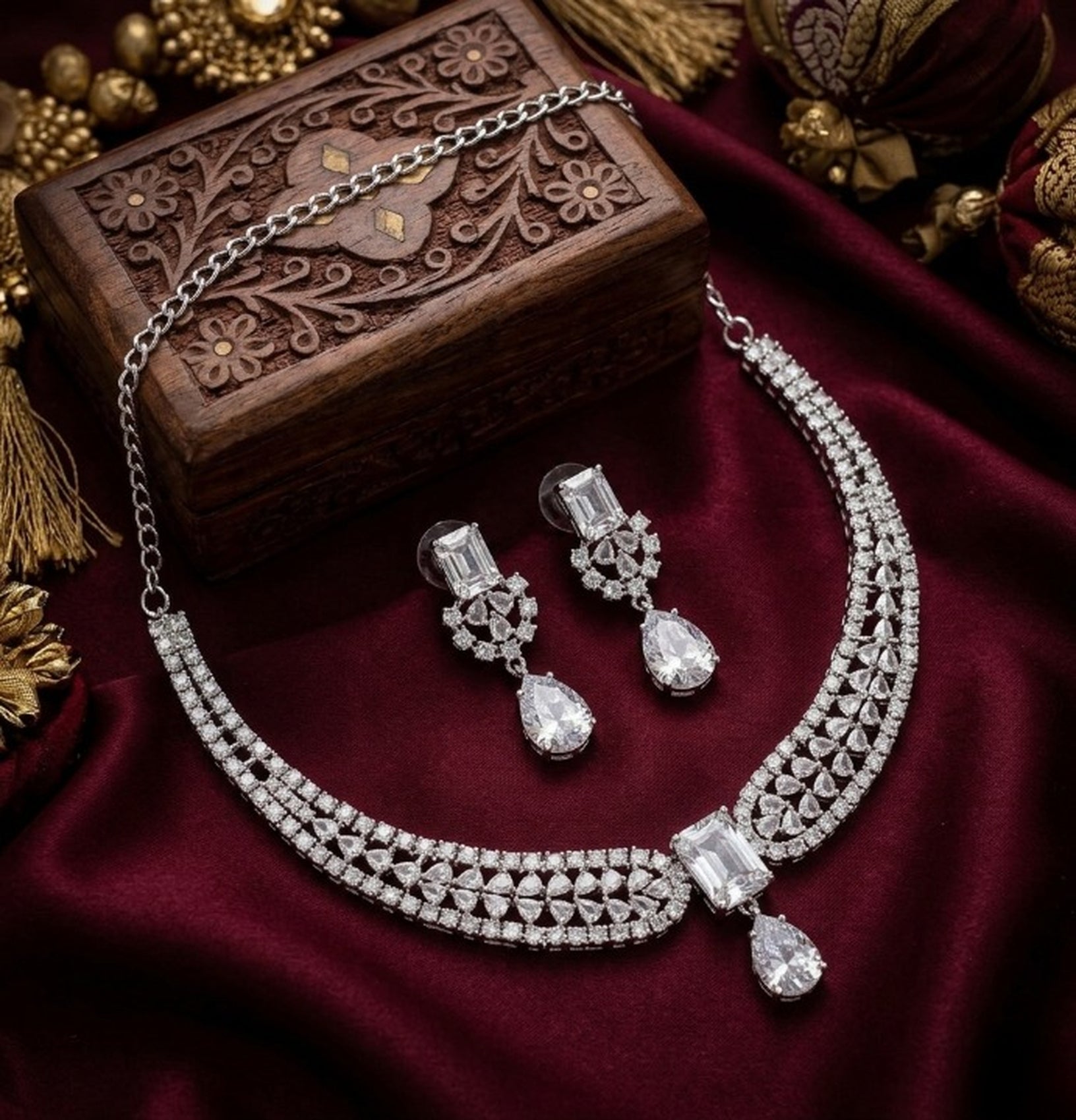 Jewel City Stunning CZ Diamond American Diamond Necklace Set with Drop Earrings - Bridal, Wedding, Party Wear | Grocsy