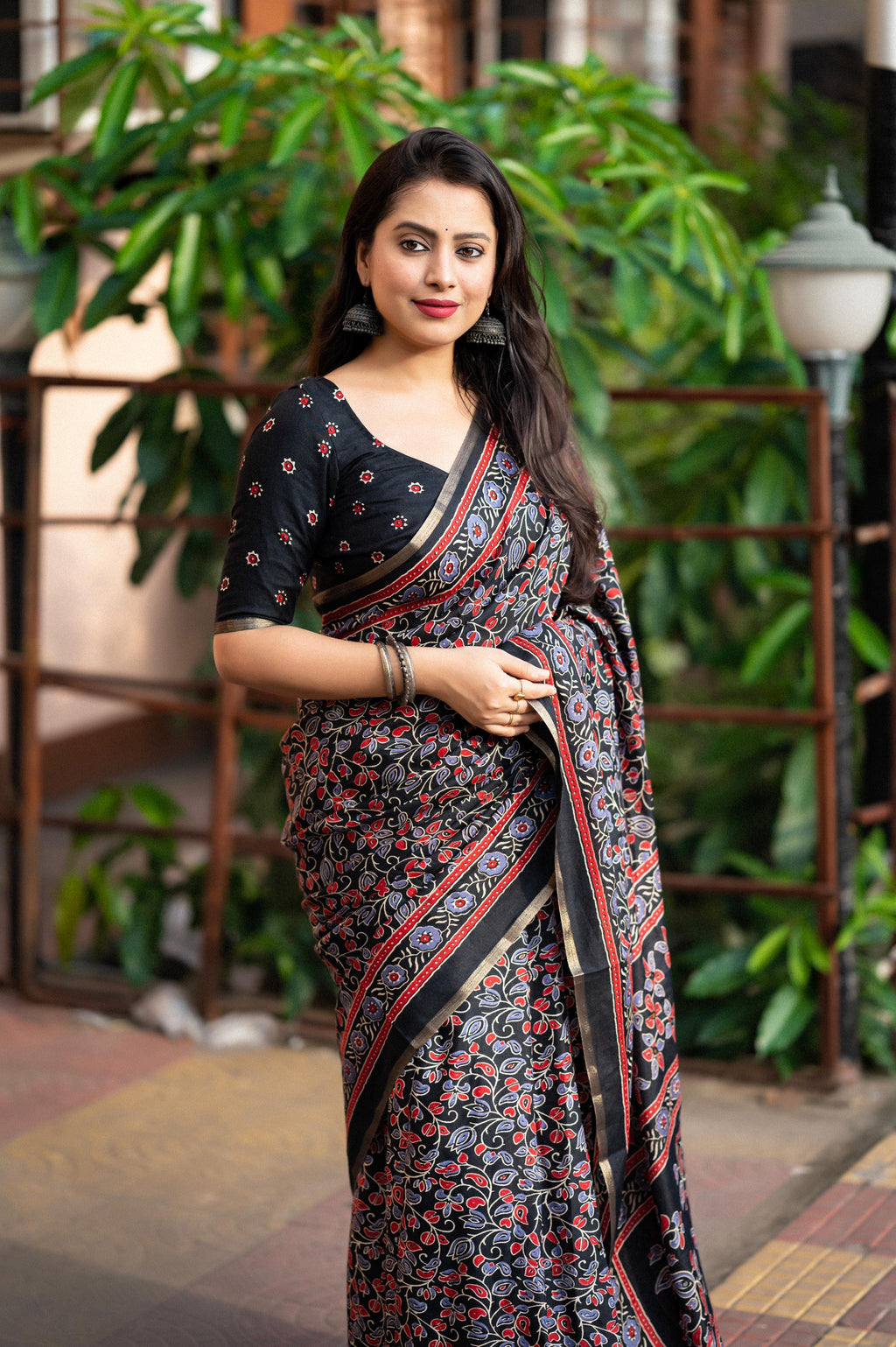 Black Cotton Blend Ajrak Saree with Unstitched Blouse - A2M | Grocsy