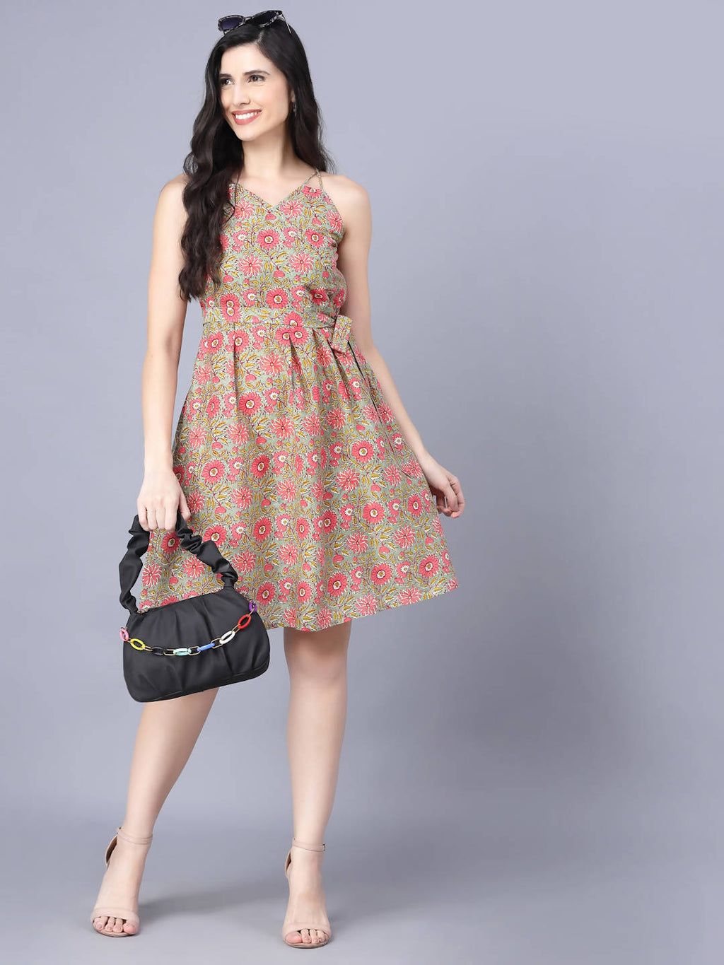 Myshka Cotton Printed Sleeveless Shoulder Straps Multicolor Women Dress | Grocsy