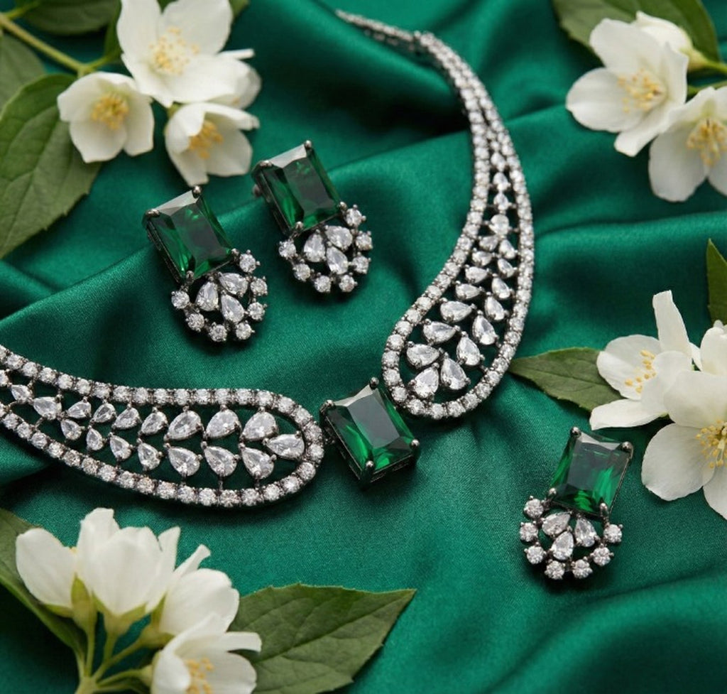 Jewel City Stunning Green American Diamond Necklace Set | Grocsy