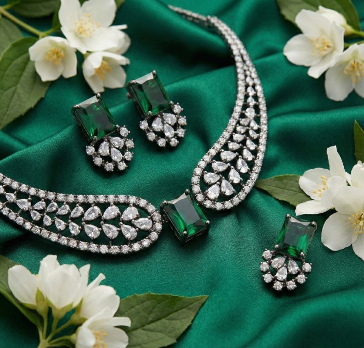 Jewel City Stunning Green American Diamond Necklace Set | Grocsy
