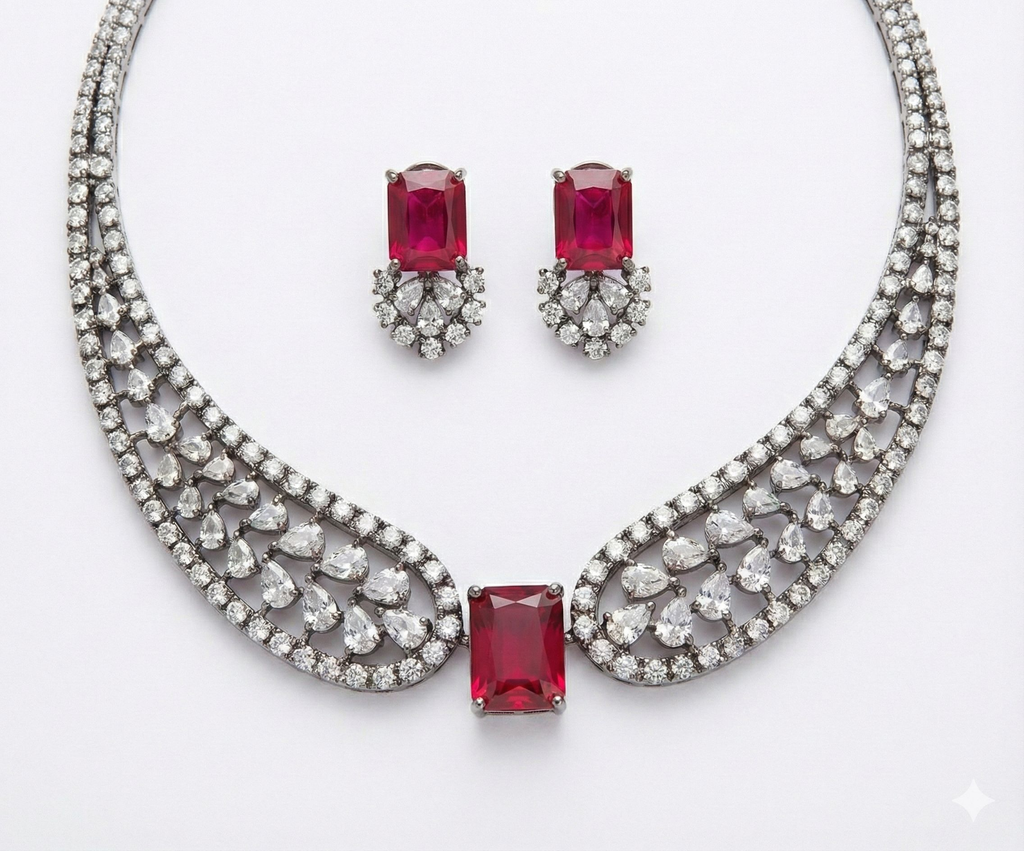 Jewel City Party Wear Red American Diamond Necklace Set | Grocsy