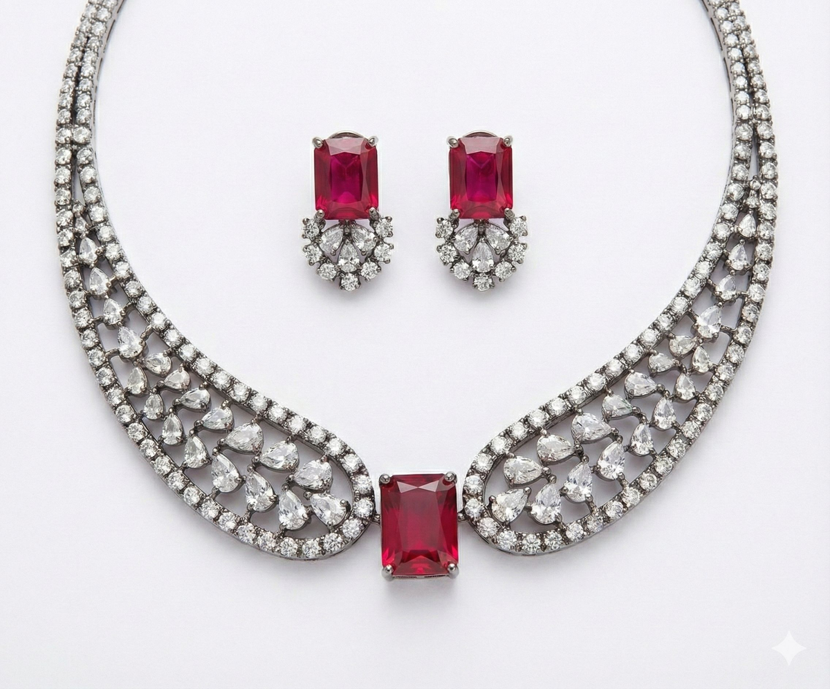 Jewel City Party Wear Red American Diamond Necklace Set | Grocsy