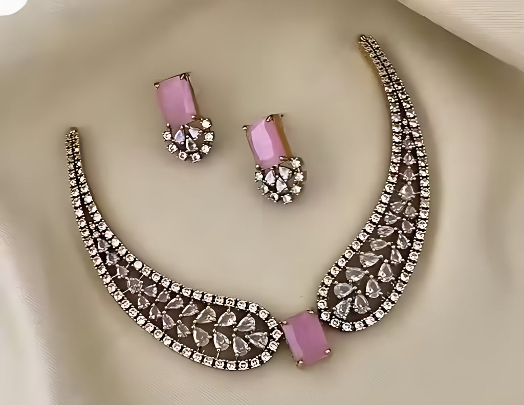 Jewel City Pink American Diamond Necklace Set | Grocsy