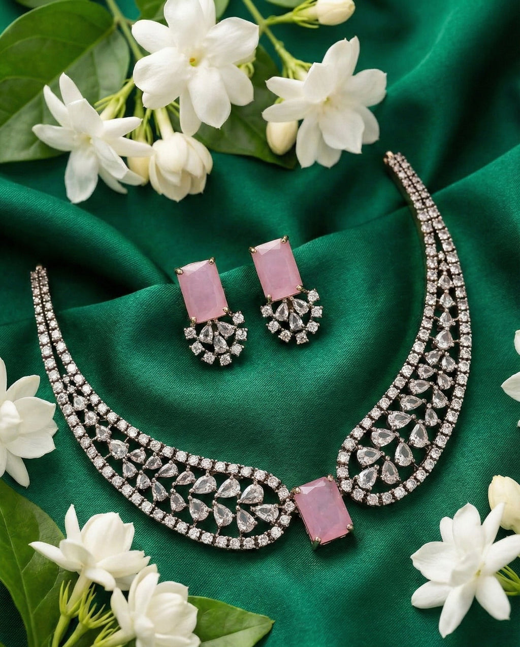 Jewel City Pink American Diamond Necklace Set | Grocsy